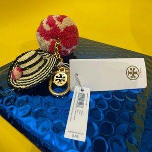 Tory Burch NWT Handcrafted Straw Hat and Puff Keychain/Fob